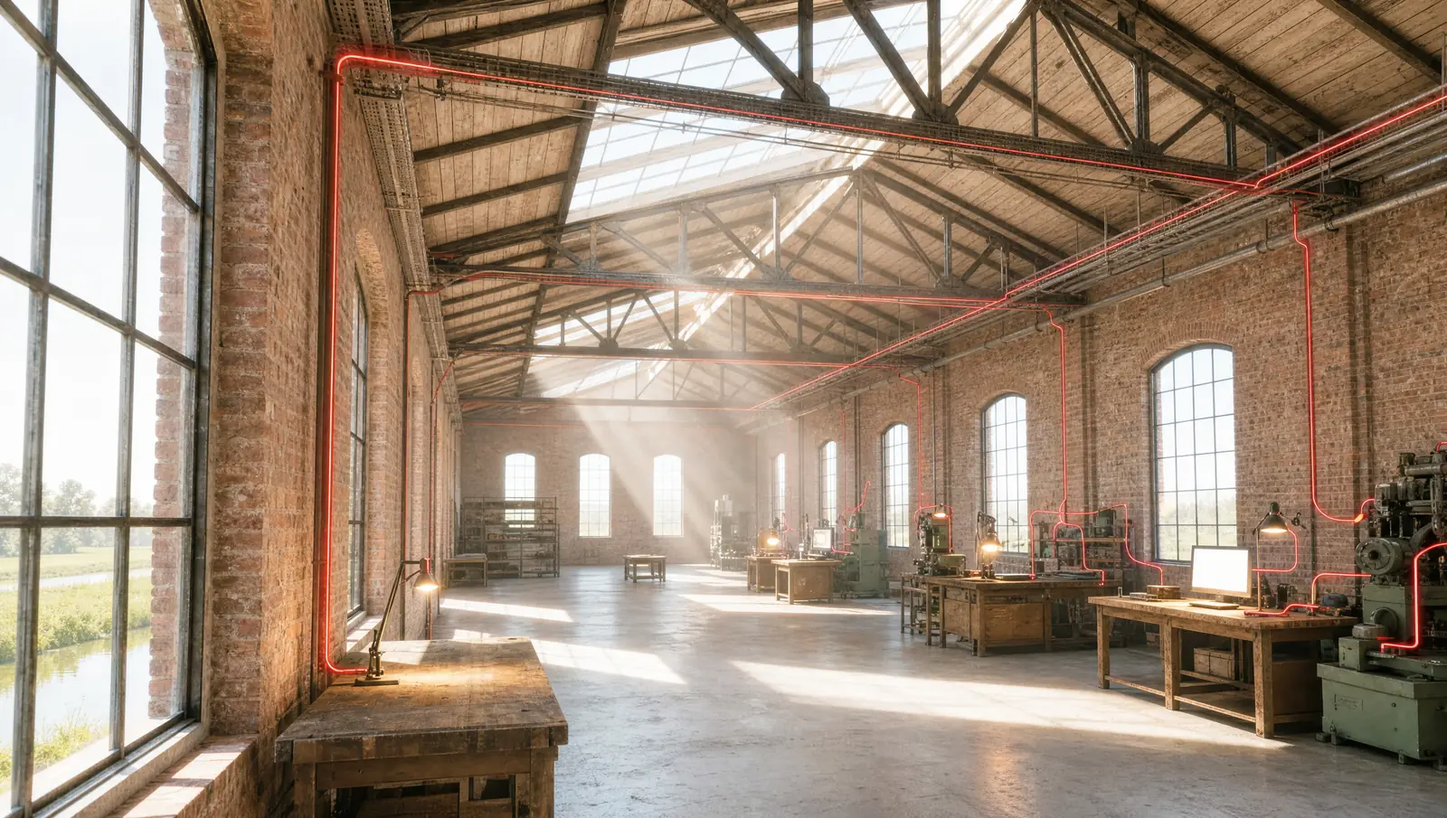 Inside an old brick hall with red lines running along the pipes and trusses